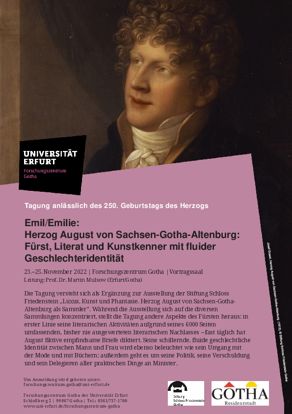 Poster for the conference Emil/Emilie: Duke August, prince, man of letters and art connoisseur with fluid gender identity
