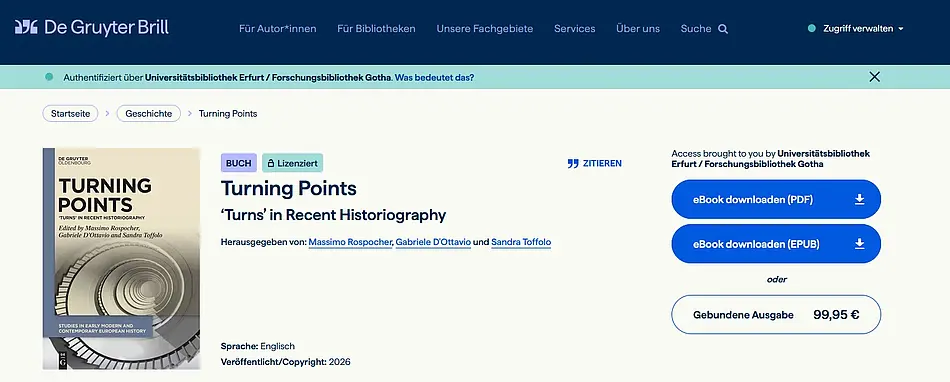 Screenshot der de Gruyter Verkaufsseite mit Anzeige des Sammelbandes.