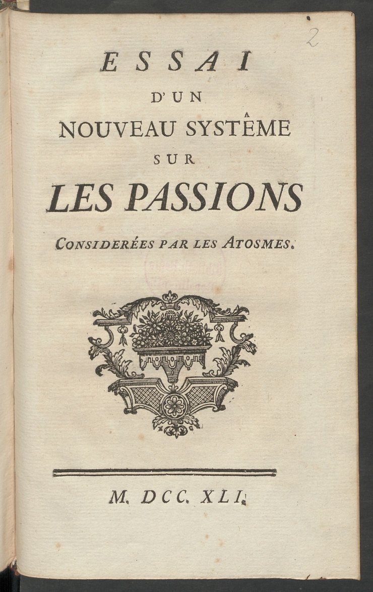 Essai d'un nouveau systême sur les passions considerées par les atosmes, title page