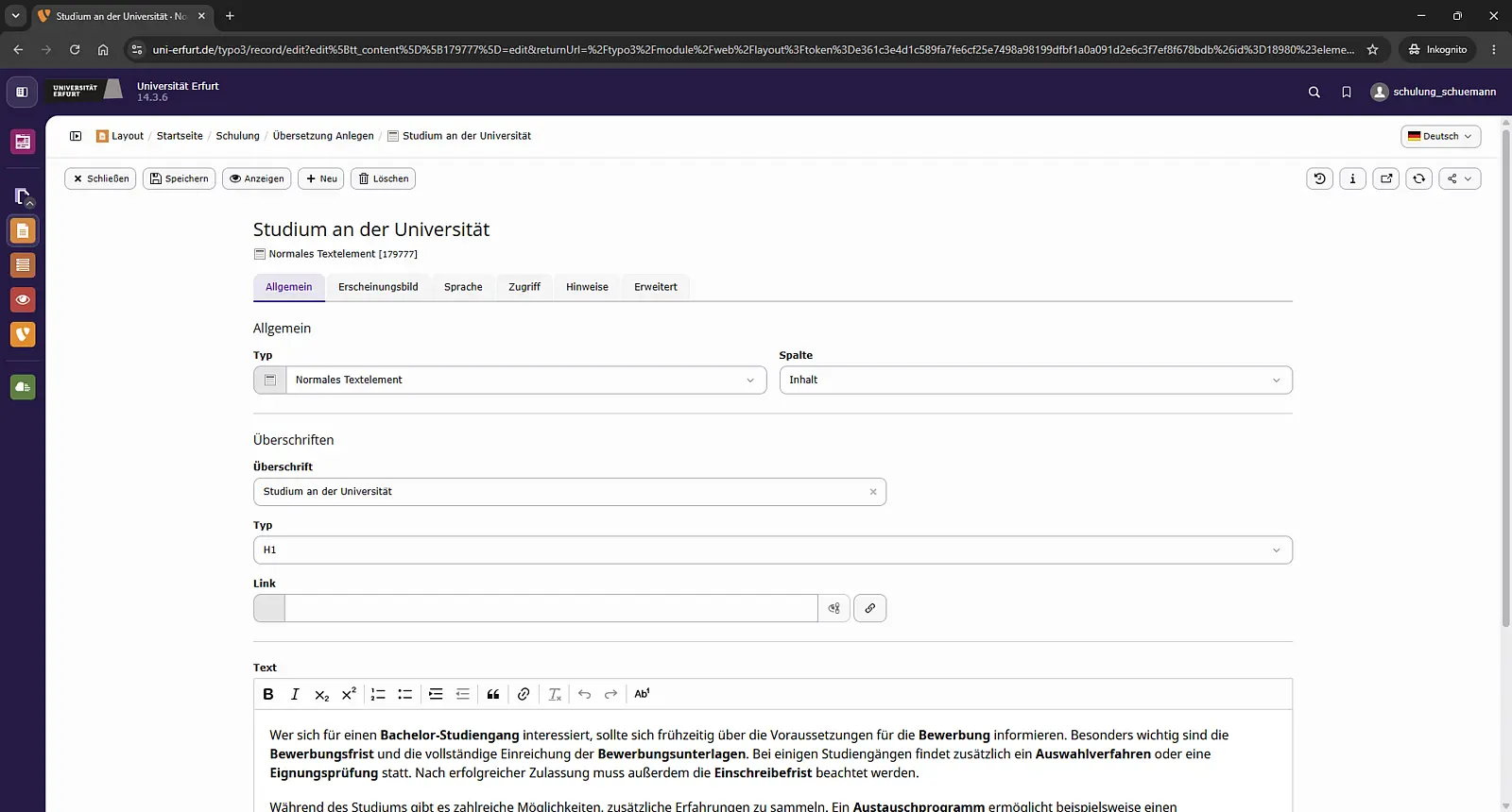 Screenshot: Normales Textelement mit Überschrift und Texteditor