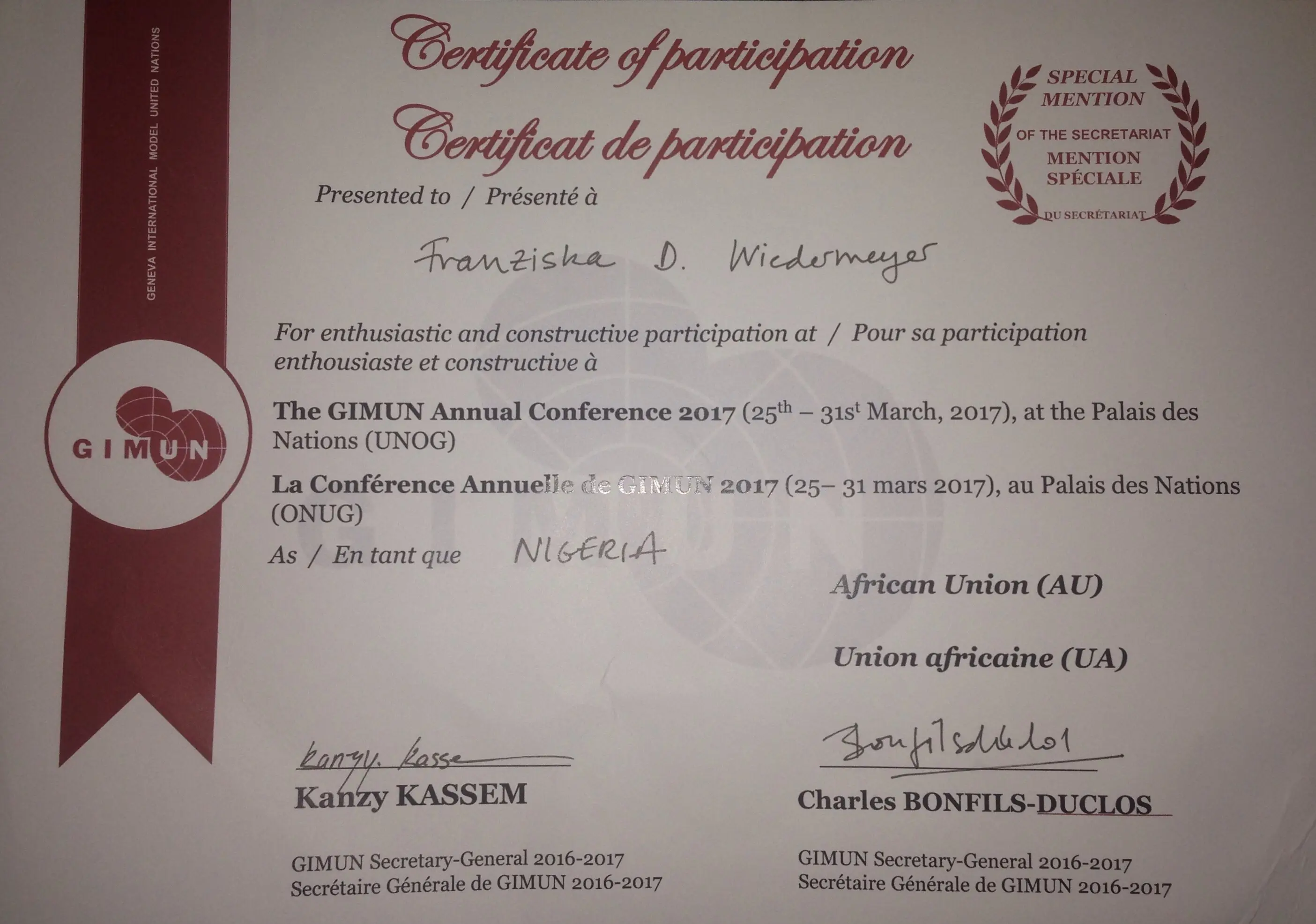 Certificate of participation Franziska D. Wiedermeyer