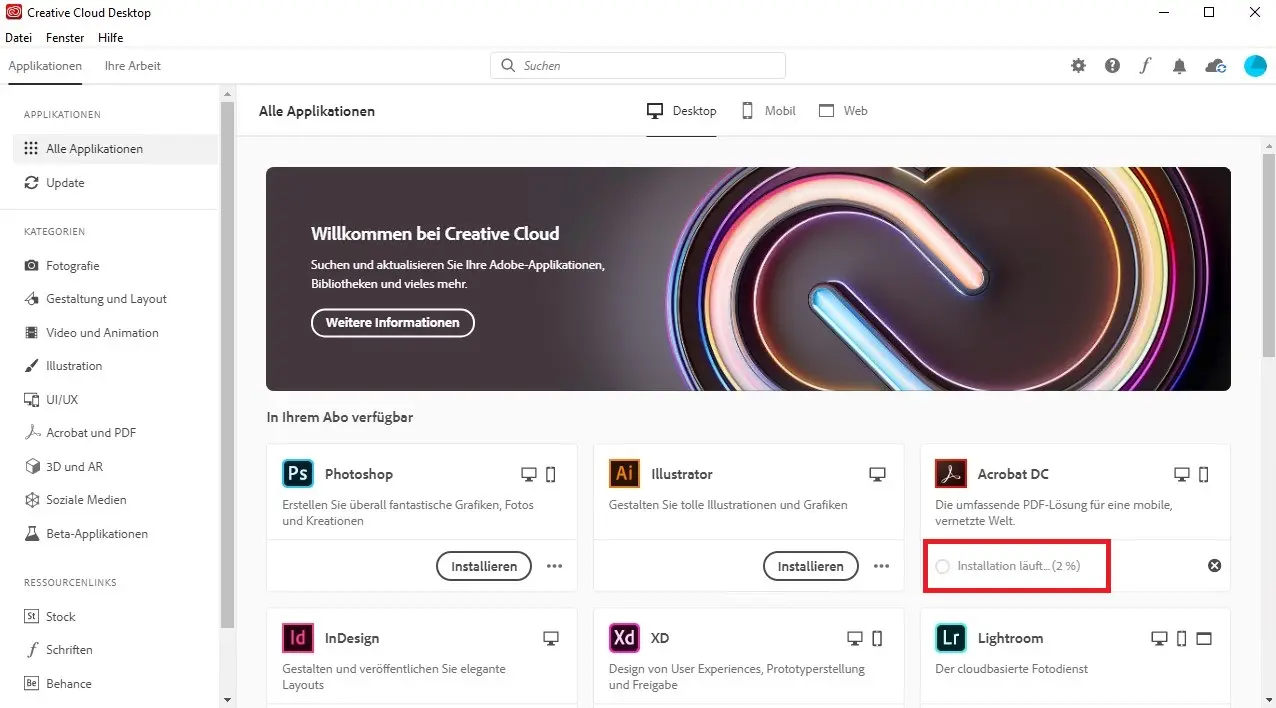 Installationsfortschritt einer Anwendung in der Adobe Creative Cloud App