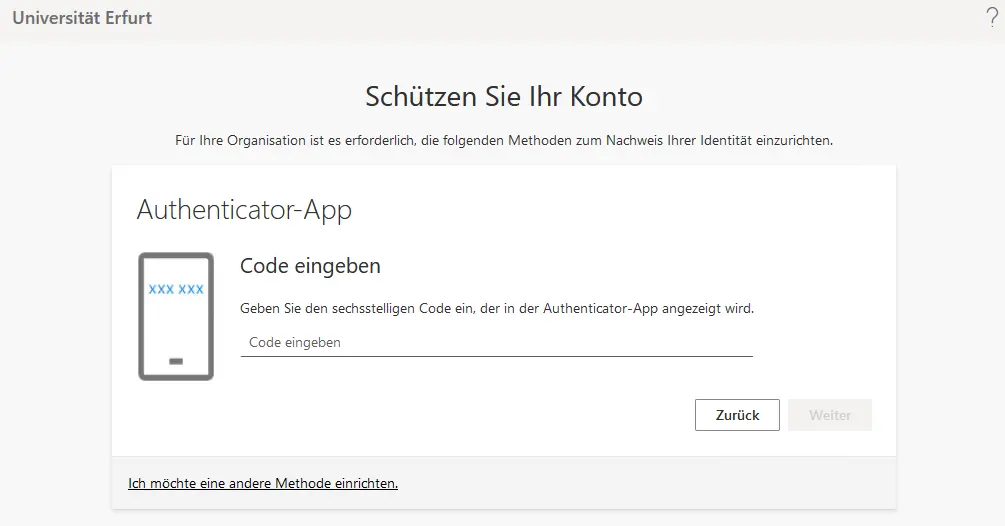 Eingabefenster für Code aus der Authenticator-App