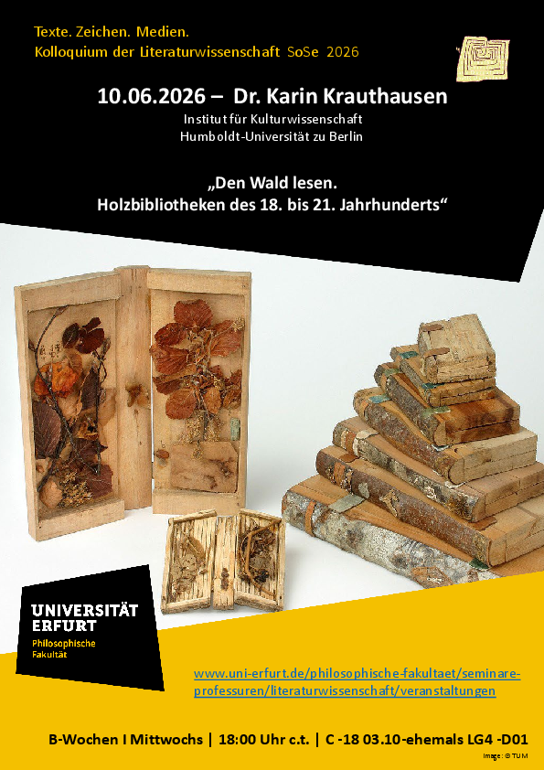 Plakat zum Vortrag Karin Krauthausen im SoSe 26 TZM Kolloquium