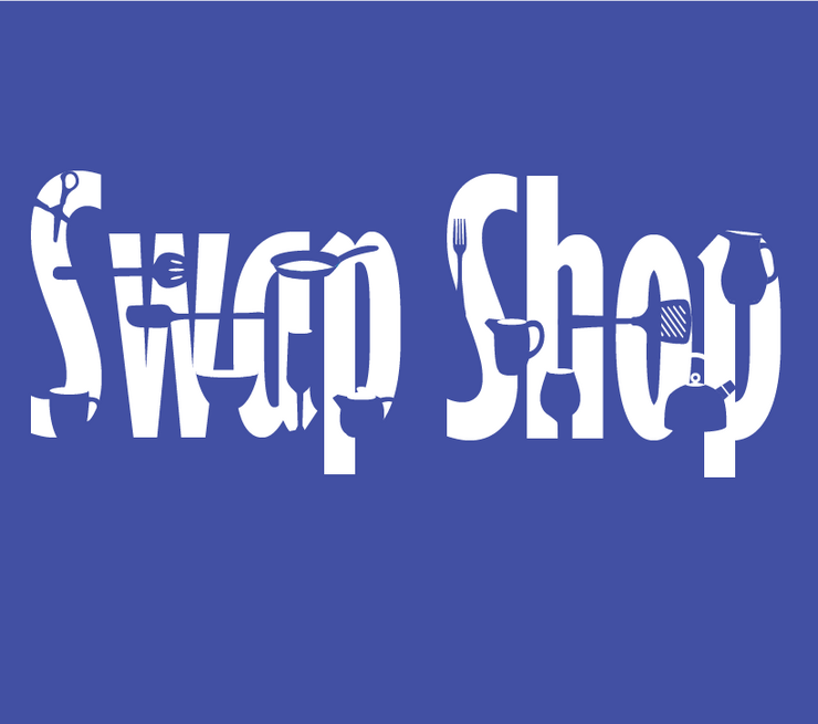 Logo Swap shop mit Geschirr Figuren