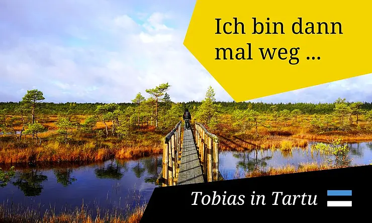 Morrlandschaft mit Steg, Himmel spiegelt sich wie Bäume im Wasser, einzelne Person in Ferne läuft geradeaus mit Rücken zu uns gekehrt, Schrift: Ich bin dann mal weg ... Tobias in Tartu, Estlyand-Flagge
