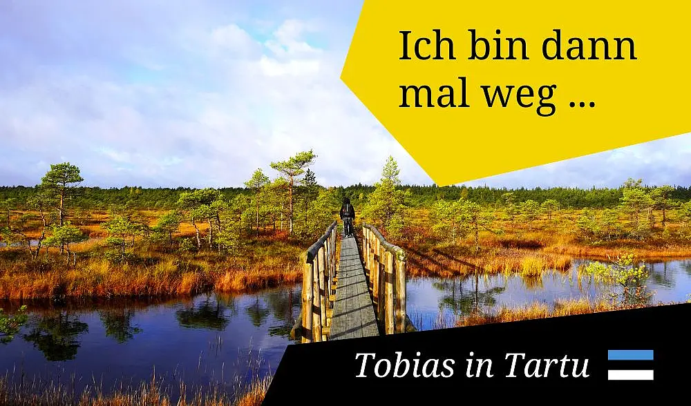 Morrlandschaft mit Steg, Himmel spiegelt sich wie Bäume im Wasser, einzelne Person in Ferne läuft geradeaus mit Rücken zu uns gekehrt, Schrift: Ich bin dann mal weg ... Tobias in Tartu, Estlyand-Flagge