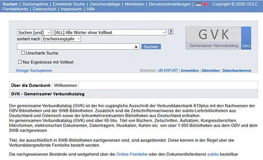 Startseite des GVK, gemeinsamen Bundkatalogs