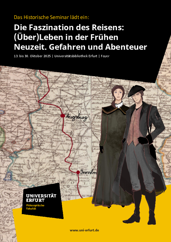 Ausstellungsplakat mit den zwei Figuren, die durch die Ausstellung leiten.
