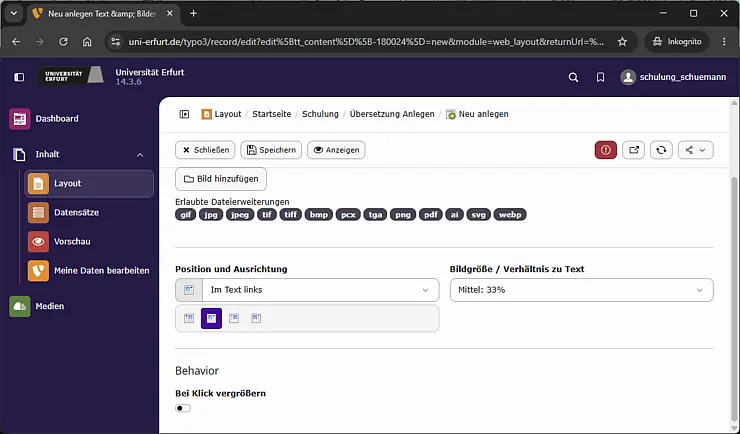 Screenshot: Position, Ausrichtung und Bildgröße
