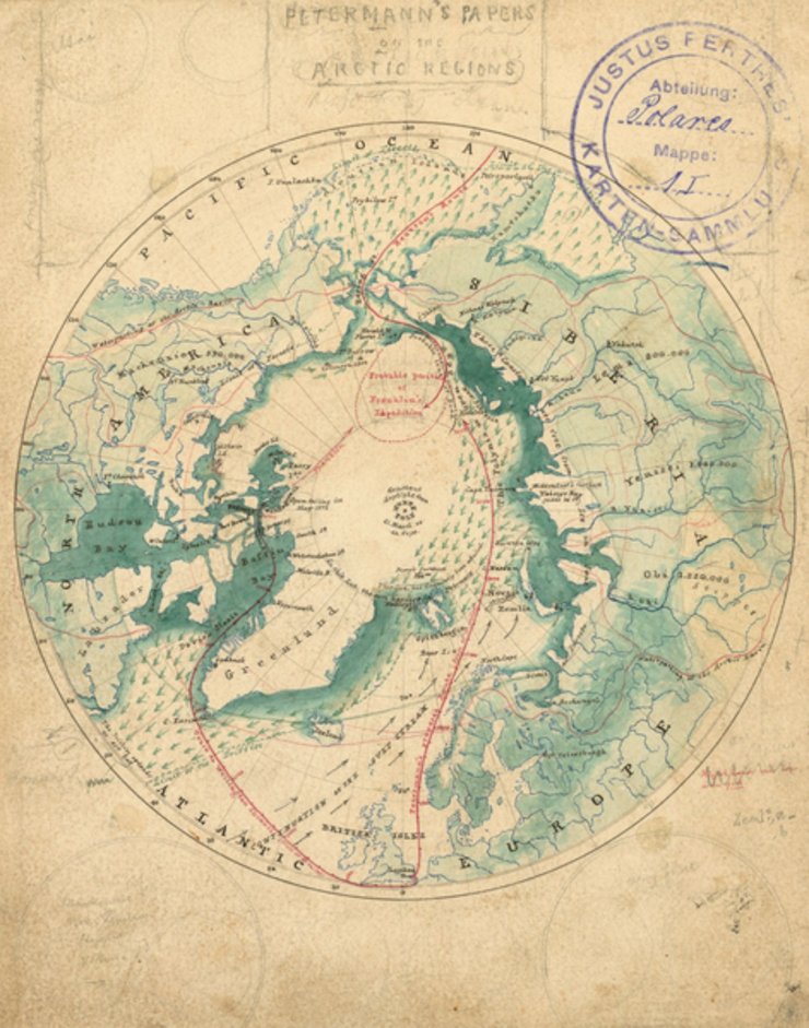  August Petermann, Karte des Nordpols, Entwurf, ca. 1865 © Sammlung Perthes.
