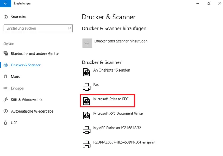 "Microsoft Print to PDF" unter "Drucker und Scanner" in den Windows-Einstellungen