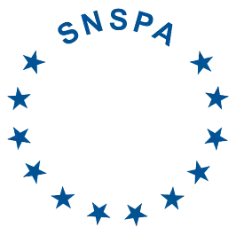 logo of the national school of political and administrative Studies, showing the abbreviation as part of a circle of stars reminiscent of the EU flag