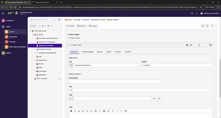 Screenshot: Inhalt innerhalb des Akkordeons bearbeiten