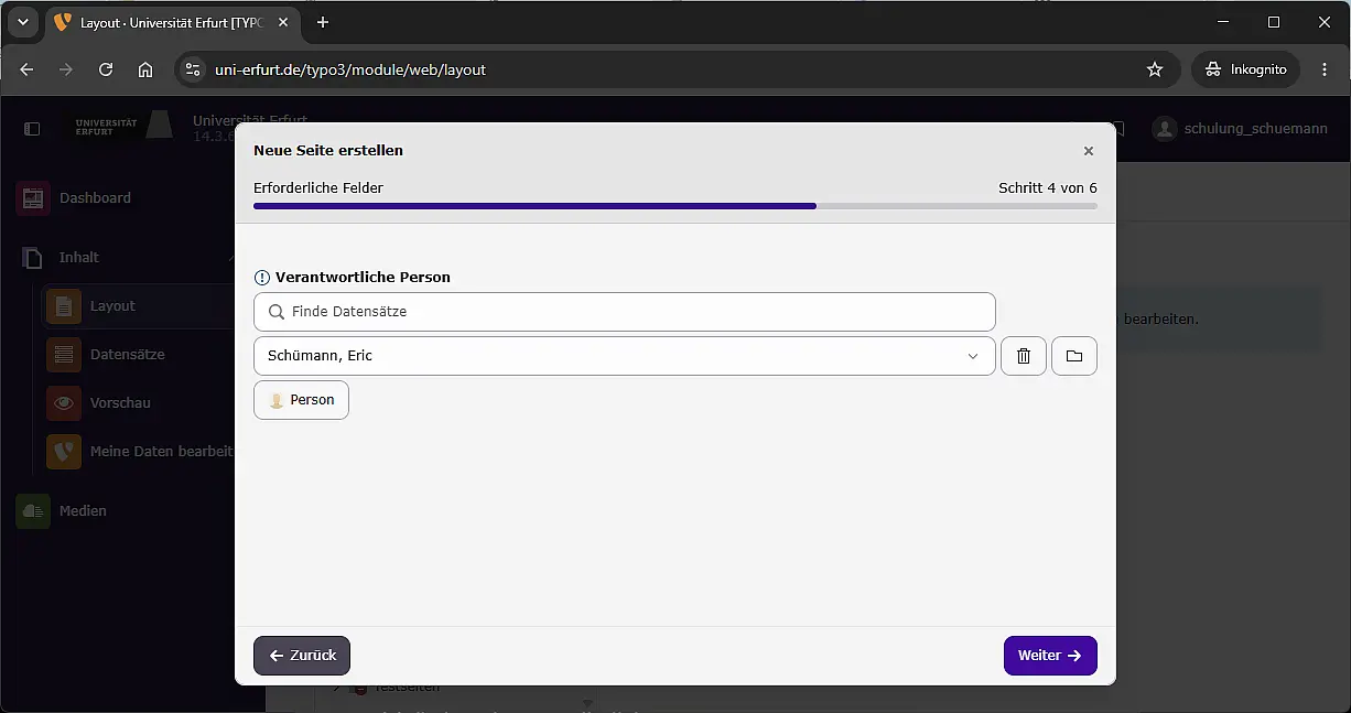 Page Wizard: verantwortliche Person