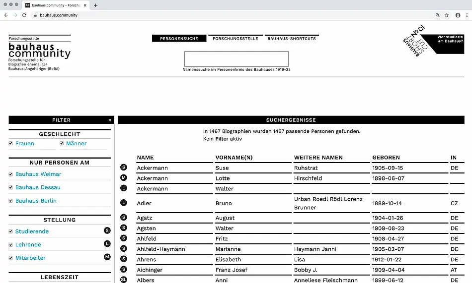 Screenshot zur Datenbank "Bauhausbiografien"