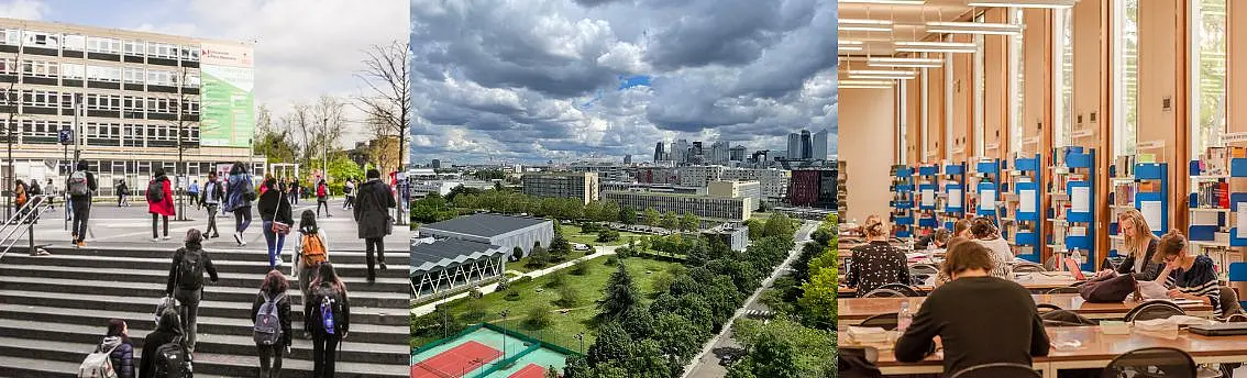 Drei Bilder der Université Paris Nanterre, die den Campus zeigen: auf einer Treppe gehen Studierende hinuter bzw. hoch, viel Grün mit vielen Betongebäuden, blau-bedeckter Himmel, Arbeiten an Tischen in einer Bibliothek