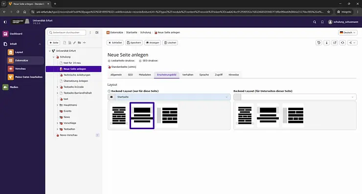 Startseiten-Layout ausgewählt im Backend