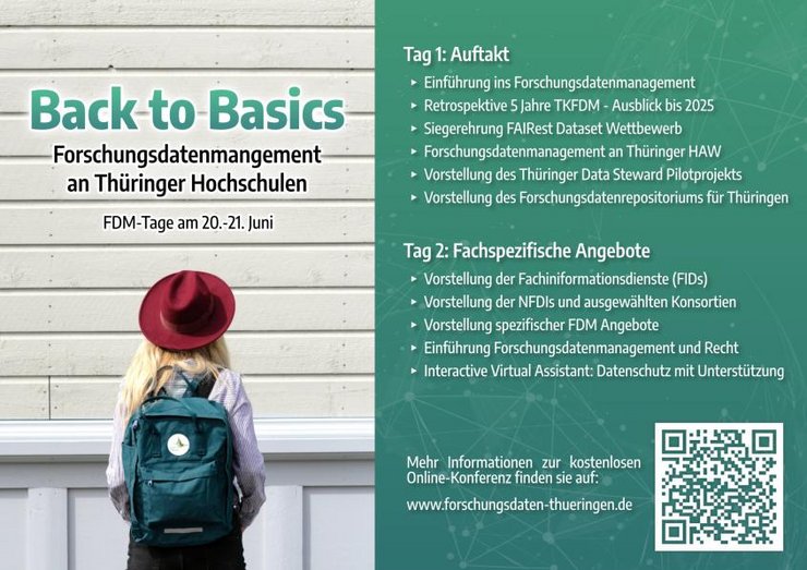 on the right: Picture of a woman with hat and backpack beneath the lettering "Back to Basics" on the left: Summary of the program of the FDM Days 2023