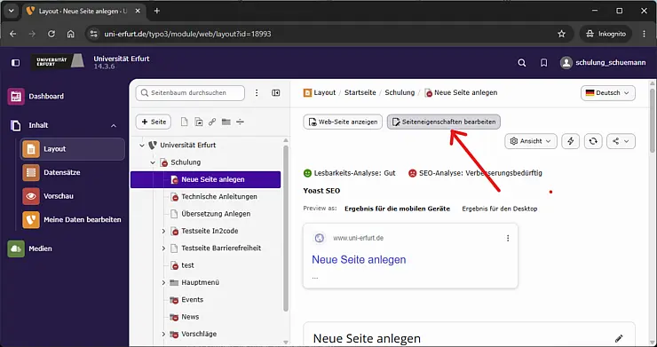 TYPO3 Backend mit Pfeil auf den Button Seiteneigenschaften