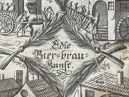 Kupferstich auf dem die Herstellung von Bier dargestellt wird