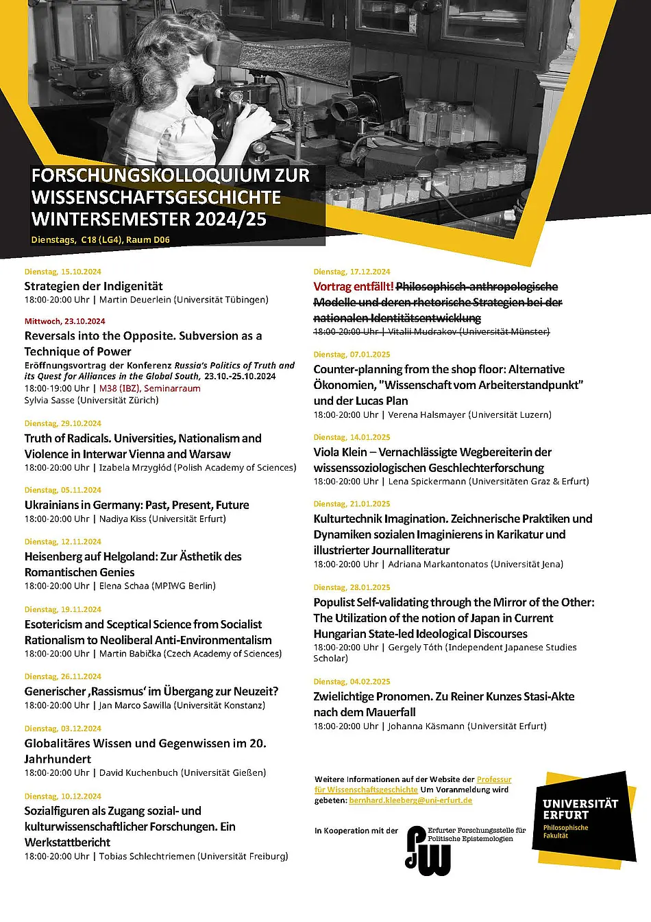 Das Programm des Forschungskolloquiums Wissenschaftsgeschichte im Wintersemester 2024/2025.