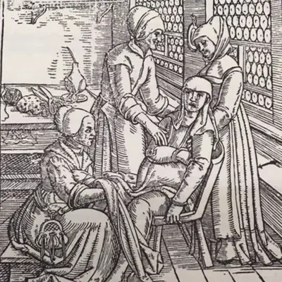 Hebamme bei der Arbeit, aus: Jakob Rueff: Ein schön lustig Trostbüchle …, Zürich 1554.