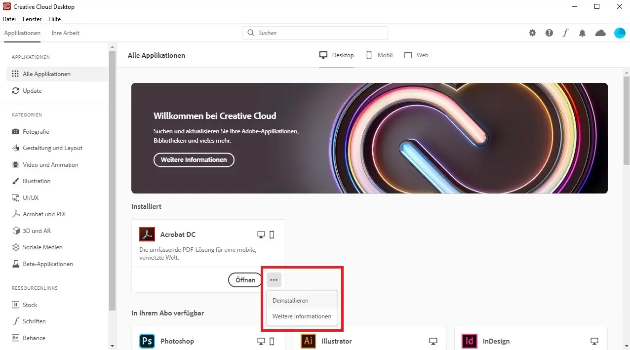 Deinstallation einer Anwendung in der Adobe Creative Cloud App