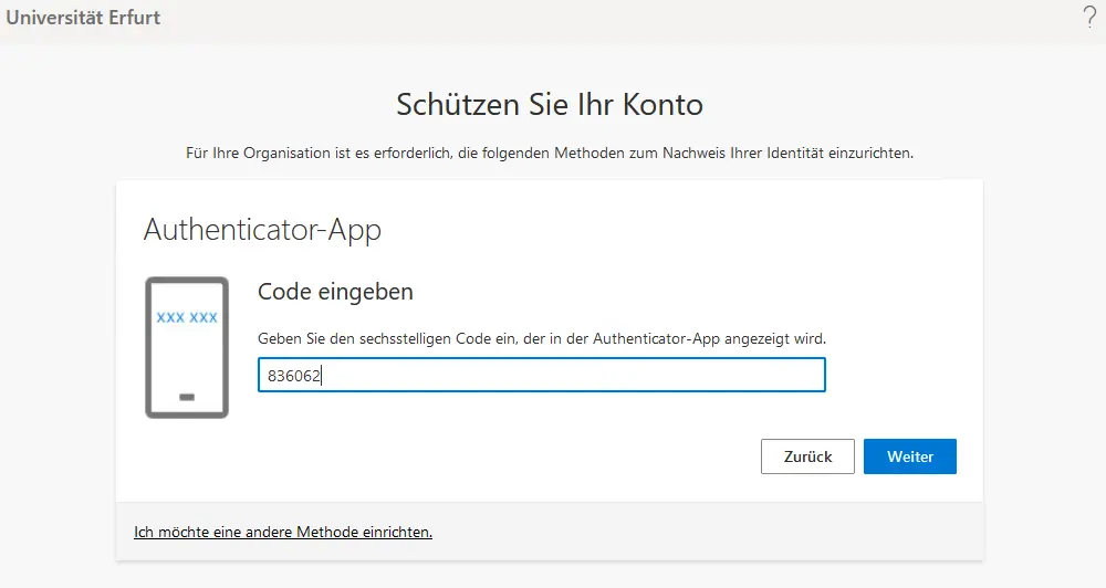 Fenster mit eingegebenem Code aus der "OpenOTP Token" App