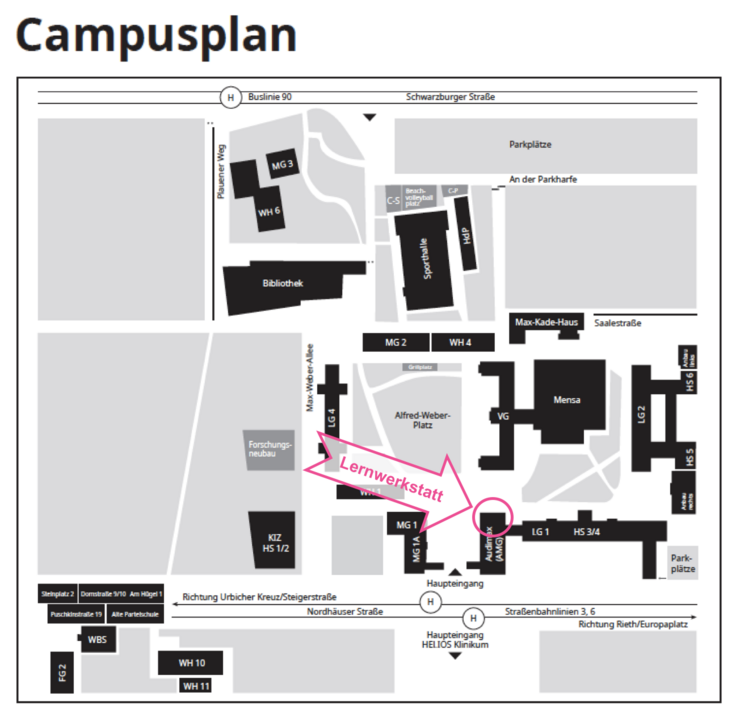 Campusplan der Universität Erfurt mit Einzeichnung des Standorts der Lernwerkstatt