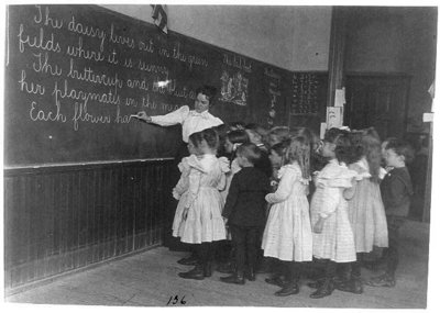 Teacher and primary school children at blackboard