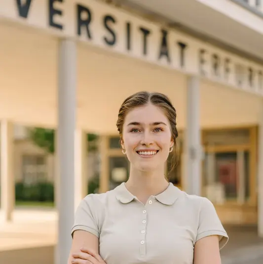 Studentin vor dem Haupteingang der Uni Erfurt