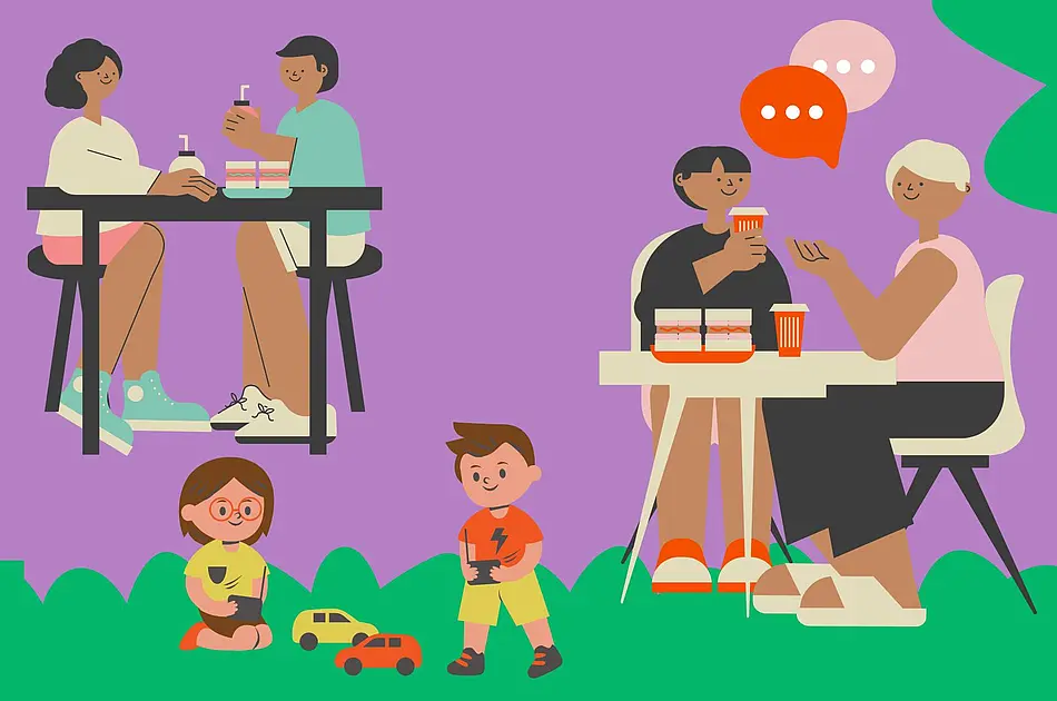 Grafische Darstellung verschiedener Menschen an Tischen, wie sie miteinander reden, im Vordergrund junge, spielende Kinder