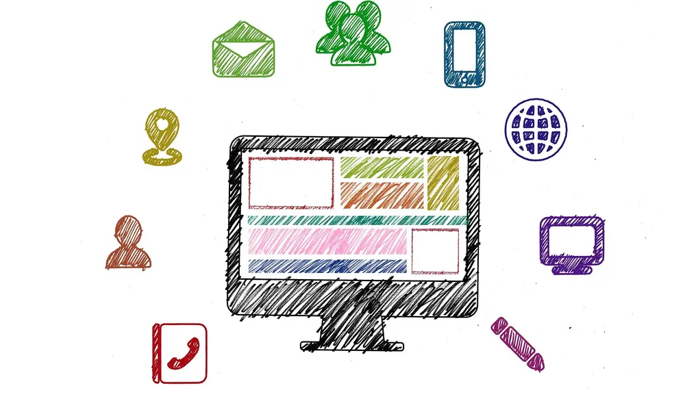 Symbolbild Digitalisierung (Zeichnung eines Computers und verschieden farbige Icons rund um platziert wie SMS, GPS, Smartphone, Vernetzung) 