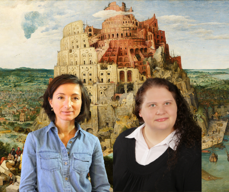 cover image with two people and tower of Babel
