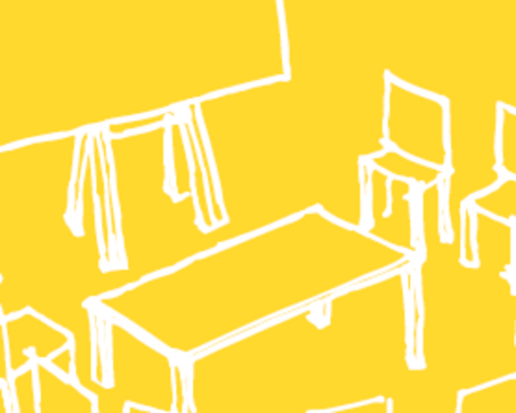 Zeichnung von Tisch und Stühlen auf gelbem Untergrund