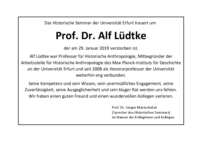  Traueranzeige Prof. Dr. Alf Lüdtke 