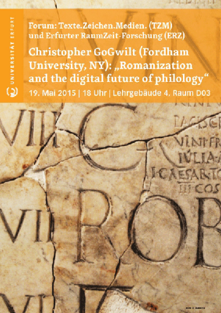 [Translate to English:] Aushang Vortrag: "Romanization and the Digital FutBilderure of Philology"