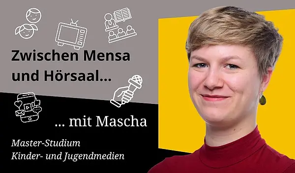 Kollage Zwischen Mensa und Hörsaal - Mascha Porträtfoto kurze blonde Haare, Ohrring, leichtes Lächeln in Kamera, gelber Hintergrund, Master-Studiengang Kinder- und Jugendmedien