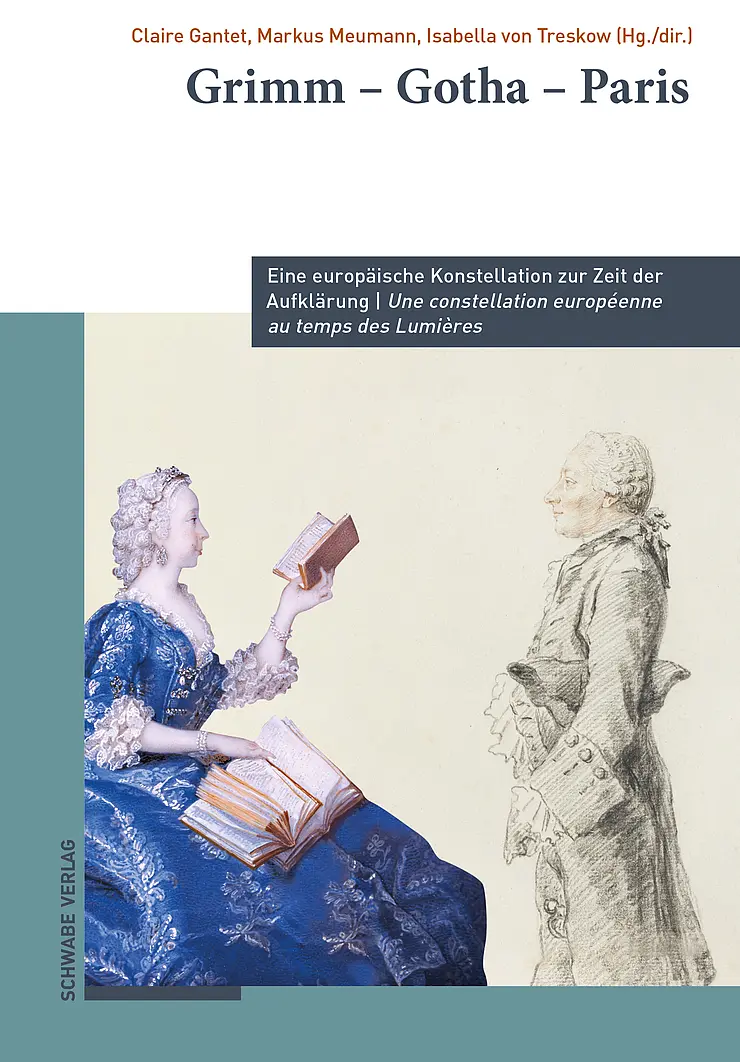 Buchcover GRIMM GOTHA PARIS, 2 adlige Personen mit weißer Perücke sehen sich an, eine liest aus einem kleinen Buch