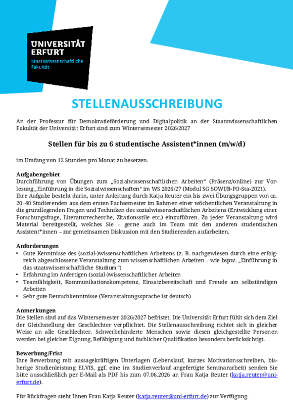 Ausschreibung Tutorien Wintersemester 26/27