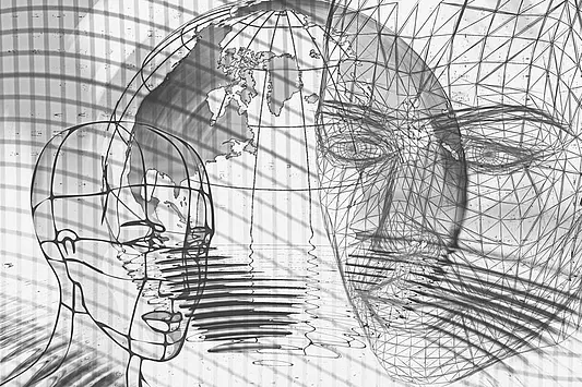 Zeichnung zweier Köpfe im virtuellen Raum