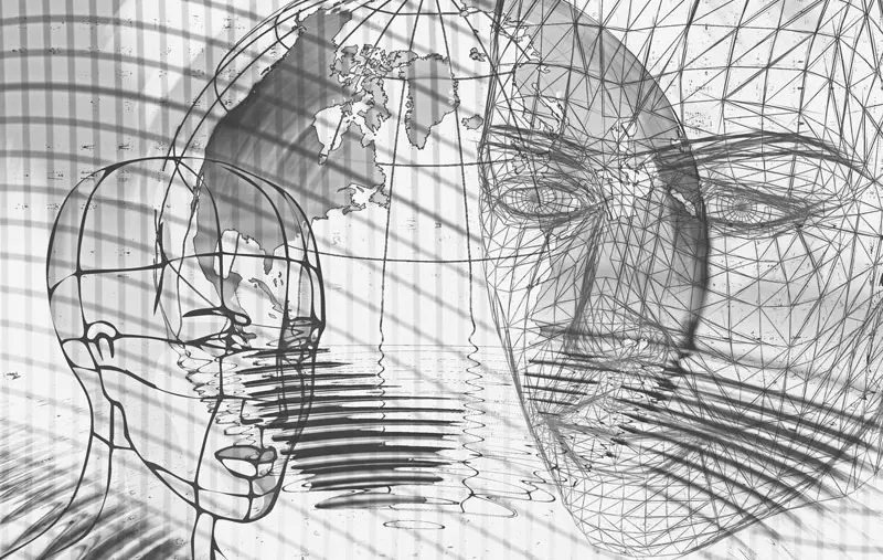 Zeichnung zweier Köpfe im virtuellen Raum 