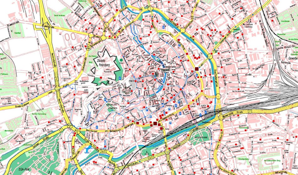 Ausschnitt aus einem Stadtplan der Stadt Erfurt mit eingezeichneten Konspirativen Wohnungen des MfS in Erfurt