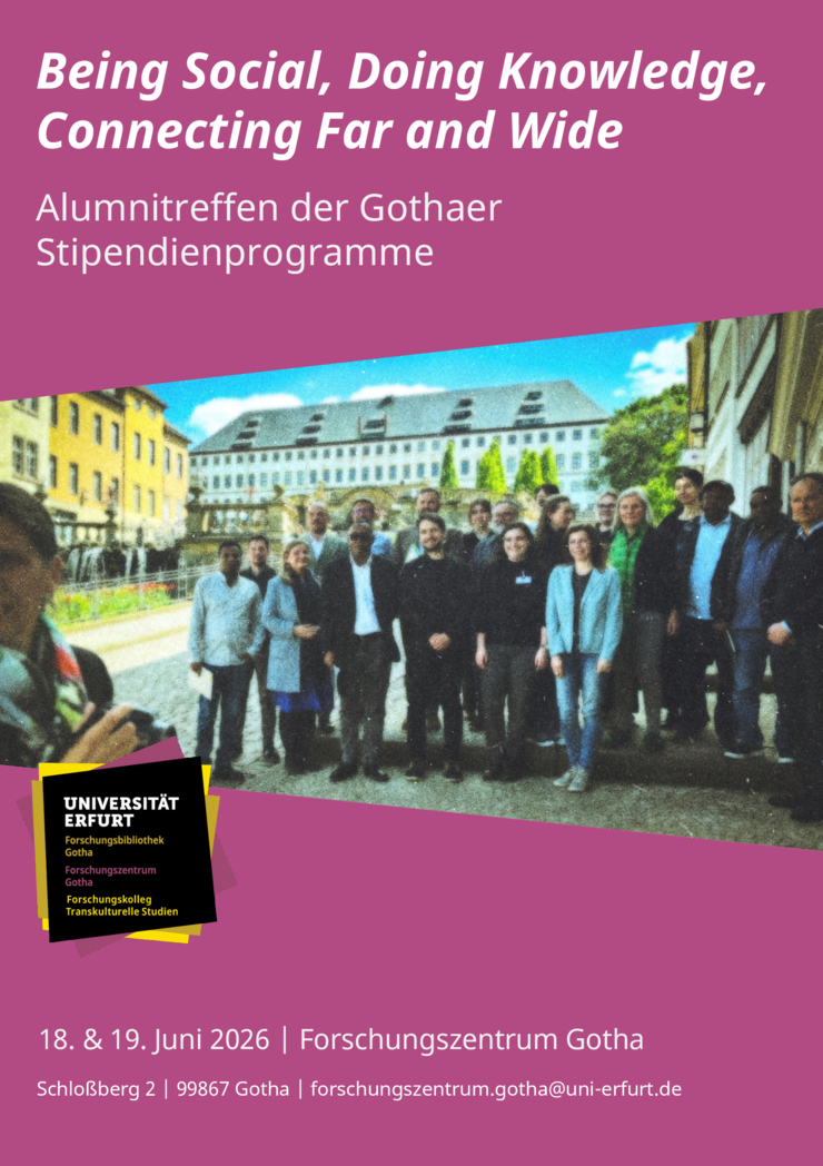 Veranstaltungsposter zeigt Gruppenbild vor dem FZG mit Blick auf Schloss Friedenstein