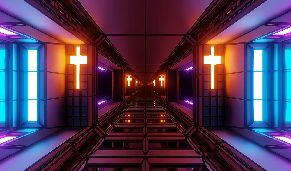 Ein futuristisch aussehender Gang mit Neon-Leuchtröhren und Lampen in Form von Kreuzen