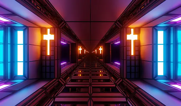 Ein futuristisch aussehender Gang mit Neon-Leuchtröhren und Lampen in Form von Kreuzen
