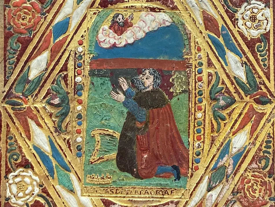 Bucheinband mit der Abbildung Herzog Johann Friedrich I. von Sachsen (?) als König David