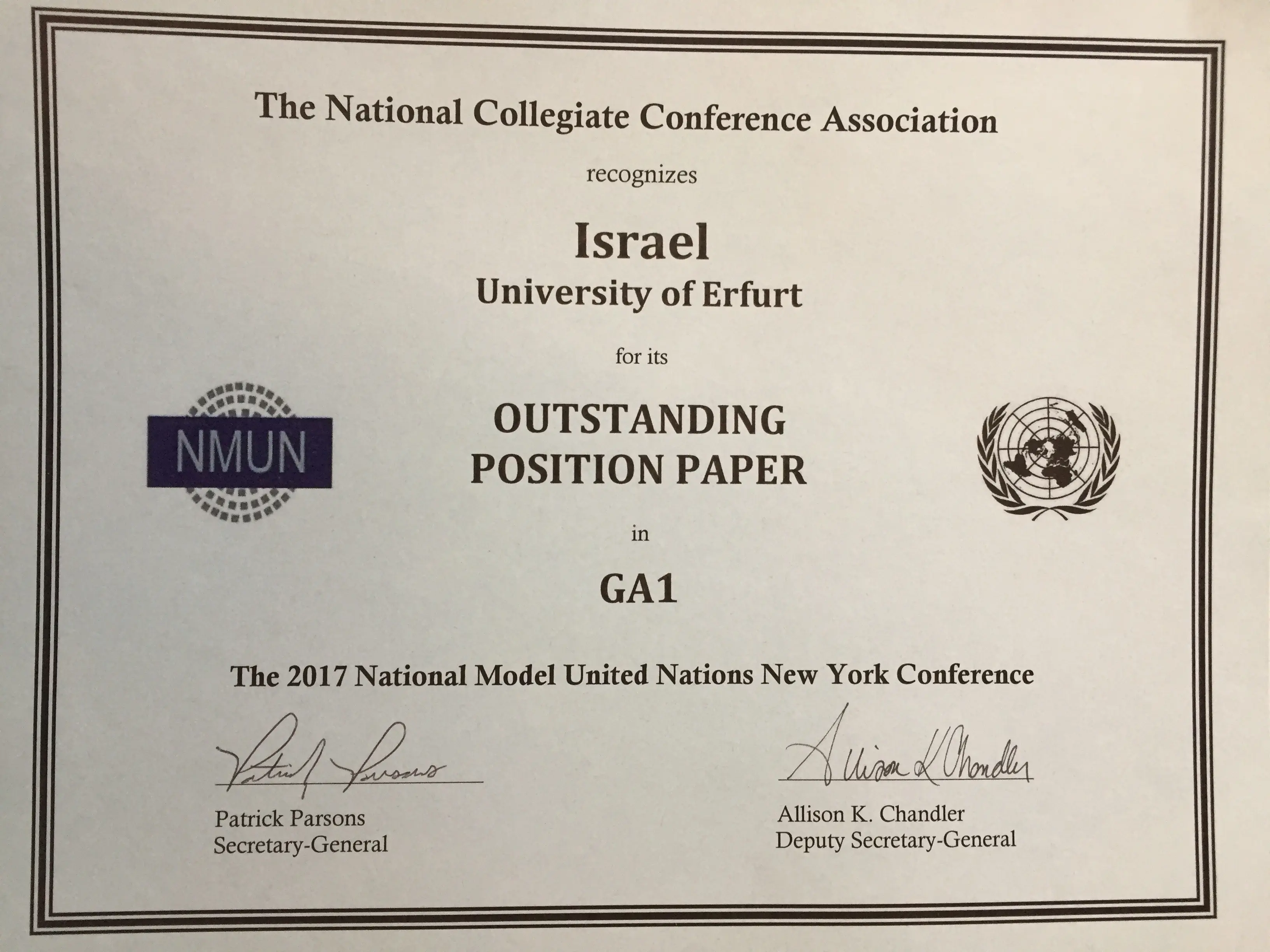 Auszeichnung Israel Outstanding Position Paper