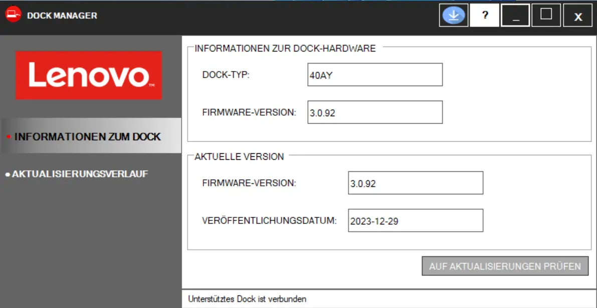 Aktualisierungsfenster der Lenovo-Dock-Manager Software